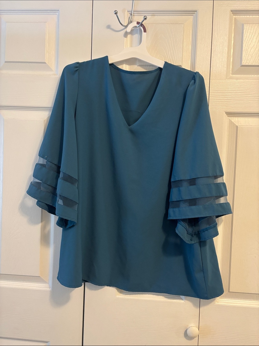 Womens Teal V-Neck Flutter Sleeve Top
